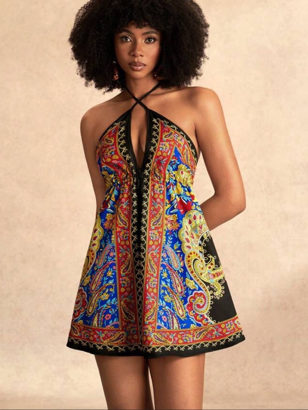 SHEIN Blue Red Yellow Paisley Halter Mini Dress
